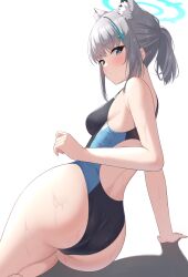 Rule 34 | 1girl, animal ear fluff, animal ears, arm support, ass, ass focus, blue archive, blush, breasts, competition swimsuit, cross hair ornament, grey hair, hair ornament, halo, helloet11, highres, looking at viewer, looking back, medium breasts, one-piece swimsuit, ponytail, shiroko (blue archive), shiroko (swimsuit) (blue archive), sidelocks, simple background, solo, swimsuit, water drop, white background, wolf ears