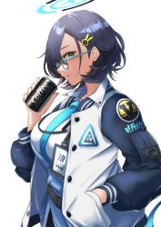 Rule 34 | 1girl, absurdres, aqua eyes, blue archive, blue hair, breasts, can, chihiro (blue archive), coffee, fingernails, glasses, halo, hand in pocket, highres, jacket, large breasts, necktie, ryusei (ster0629), short hair, white background