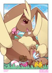 Rule 34 | 1girl, :3, puff of air, animal nose, artist name, blue sky, blush, body fur, border, bow, bowtie, breath, brown fur, buck teeth, candy, chocolate, chocolate bar, clitoris, cloud, creatures (company), dated, day, easter egg, egg, english text, female focus, female masturbation, flat chest, food, furaffinity logo, furaffinity username, furry, furry female, game freak, gen 1 pokemon, gen 4 pokemon, grass, half-closed eyes, happy, heart, highres, inkbunny username, insomniacovrlrd, leaning back, legs up, looking at viewer, lopunny, masturbation, nintendo, object insertion, on ground, open mouth, outdoors, outline, outside border, patreon logo, patreon username, pikachu, pink bow, pink bowtie, pink eyes, pokemon, pokemon (creature), pussy, pussy juice, rabbit ears, rabbit girl, rabbit tail, sitting, sky, smile, solo, sparkle, spread legs, sweat, teeth, two-tone fur, urethra, vaginal, vaginal object insertion, watermark, white border, white outline, yellow fur