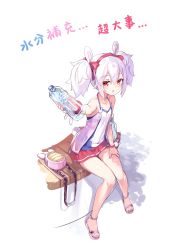 Rule 34 | 1girl, alternate hairstyle, animal ears, azur lane, bench, bottle, collarbone, fake animal ears, headband, highres, kaede (yumesaki kaede), laffey (azur lane), light purple hair, looking at viewer, open mouth, pouch, red eyes, sandals, short hair, sitting, sleeveless, solo, translated, twintails, water bottle, white background