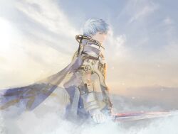 Rule 34 | 1boy, armor, cape, cloud, cloudy sky, cofffee, cowboy shot, facing to the side, final fantasy, final fantasy xii, gauntlets, gold trim, grey eyes, grey hair, holding, holding sword, holding weapon, light smile, looking at viewer, male focus, plate armor, rasler heios nabradia, short hair, shoulder armor, sky, solo, sword, weapon, white cape