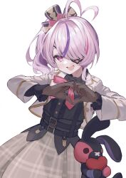 Rule 34 | 1girl, ahoge, black corset, bow, corset, eyepatch, fishnet gloves, fishnets, frilled sleeves, frills, gloves, heart, heart ahoge, heart hands, highres, jacket, looking at viewer, looking to the side, maria marionette, medium hair, multicolored hair, nijisanji, nijisanji en, one eye covered, open mouth, pink background, pink eyes, pink hair, plaid, plaid skirt, purple bow, purple hair, ribbon, school uniform, shirt, shirt tucked in, side ponytail, simple background, skirt, smile, solo, streaked hair, stuffed animal, stuffed rabbit, stuffed toy, virtual youtuber, wata midori, white background, white jacket