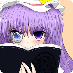 Rule 34 | 1girl, bakko, blush, book, close-up, crescent, female focus, hat, monocle, monocle chain, patchouli knowledge, purple eyes, purple hair, rounded corners, solo, touhou