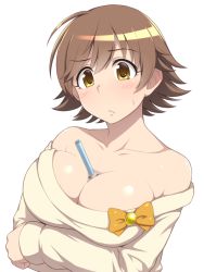 Rule 34 | 1girl, ahoge, bare shoulders, beige shirt, between breasts, blush, breasts, brown hair, bubble tea, bubble tea challenge, bust cup, cleavage, closed mouth, collarbone, commentary, crossed arms, drinking straw, frown, hair between eyes, honda mio, idolmaster, idolmaster cinderella girls, large breasts, liquid, long sleeves, looking at viewer, milk tea, off-shoulder shirt, off shoulder, pataneet, shiny skin, shirt, short hair, sidelocks, simple background, solo, sweatdrop, upper body, yellow eyes