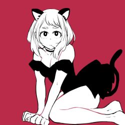 Rule 34 | 1girl, animal ears, bare legs, barefoot, black dress, bob cut, boku no hero academia, breasts, cat ears, cat girl, cat tail, closed mouth, dress, eyebrows, feet up, greyscale, greyscale with colored background, hands on floor, highres, monochrome, red background, short hair, sidelocks, simple background, sitting, solo, strapless, strapless dress, tabetai omochi, tail, uraraka ochako