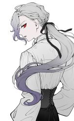 Rule 34 | 1boy, black corset, corset, cross-shaped pupils, edmond dantes (fate), fate/grand order, fate (series), gradient hair, grey hair, hair ribbon, highres, long hair, long sleeves, looking at viewer, looking back, low ponytail, male focus, multicolored hair, nipi27, ponytail, puffy sleeves, red eyes, ribbon, shirt, simple background, solo, symbol-shaped pupils, the count of monte cristo (fate), wavy hair, white background, white hair