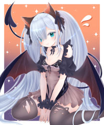 Rule 34 | 1girl, alternate costume, alternate hairstyle, animal ears, azur lane, blue eyes, blue hair, blush, breasts, cat ears, cleavage, collar, collarbone, fake animal ears, halloween, janus (azur lane), janus (fright-night scaredy-cat) (azur lane), long hair, looking at viewer, momobesaeka, seiza, simple background, sitting, small breasts, smile, tail, thighhighs, twintails