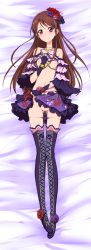 Rule 34 | 10s, 1girl, absurdres, aikatsu!, aikatsu! (series), bare shoulders, bed sheet, blush, boots, breasts, brown hair, clearite, clothes lift, dakimakura (medium), fingerless gloves, flower, full body, gloves, groin, hair ornament, highres, legs, long hair, long image, looking at viewer, lying, navel, nipples, on back, panties, panty pull, pussy, red eyes, shibuki ran, shirt lift, skirt, skirt lift, small breasts, smile, solo, tall image, thigh boots, thighhighs, uncensored, underwear