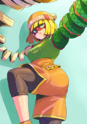 Rule 34 | 2020, arms (game), beanie, black legwear, blonde hair, bob cut, breasts, commentary request, cowboy shot, domino mask, eyebrows visible through mask, green eyes, hat, highres, layered clothes, looking away, looking to the side, looking up, mask, min min (arms), multicolored clothes, multicolored hat, orange hat, orange legwear, orange shorts, remon99, shadow, shorts, simple background, socks, standing, standing on one leg
