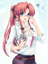 Rule 34 | 1girl, :d, ^^^, adjusting eyewear, alternate costume, alternate hairstyle, belt, bespectacled, blue eyes, bow, braid, breasts, cameo, casual, censored, cleavage, contemporary, earrings, frilled shirt collar, frills, glasses, hair bow, highres, hokuto no ken, hong meiling, identity censor, jewelry, kenshiro, kenshirou (cameo), large breasts, long hair, looking at viewer, manga (object), monety, necklace, open mouth, pendant, ponytail, red-framed eyewear, red hair, revision, shirt, side braid, skirt, smile, solo, star (symbol), sweatdrop, teacher, touhou, twin braids, very long hair