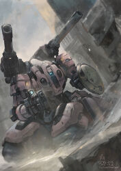 Rule 34 | aiming, arm shield, artist logo, artist name, building, chinese commentary, commentary request, dated, day, dust cloud, dutch angle, gun, gundam, gundam wing, highres, holding, holding gun, holding weapon, mecha, mecha focus, no humans, outdoors, robot, ruins, science fiction, shoulder cannon, solo, tragos, weapon, windforcelan