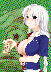 Rule 34 | 1girl, alcohol, beer, black eyes, braid, breasts, can, cleavage, curry man, female focus, large breasts, long hair, open clothes, open shirt, shirt, silver hair, solo, touhou, yagokoro eirin