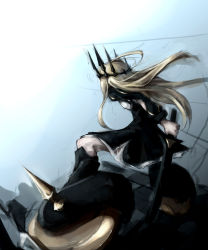 Rule 34 | 10s, 1girl, absurdres, back, black dress, black rock shooter, blonde hair, chariot (black rock shooter), crown, dress, dutch angle, female focus, gradient background, gyup91, highres, holding, holding weapon, long hair, long sleeves, md5 mismatch, solo, sword, weapon, wheel, white background, wind