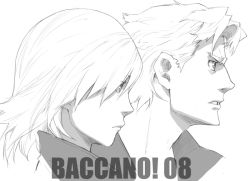 Rule 34 | 00s, 2008, 2boys, baccano!, enami katsumi, graham specter, greyscale, ladd russo, long hair, male focus, monochrome, multiple boys, profile, simple background, upper body, white background