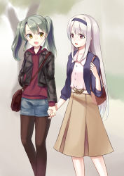 Rule 34 | 10s, 2girls, absurdres, bad id, bad pixiv id, bag, belt, black legwear, blurry, blush, brown eyes, brown skirt, casual, coat, contemporary, denim, denim shorts, depth of field, grey hair, hairband, highres, holding hands, hood, hood down, hooded sweater, kantai collection, kurase37, long hair, looking at another, multiple girls, nail polish, pantyhose, pleated skirt, shorts, shoukaku (kancolle), shoulder bag, skirt, sweater, twintails, very long hair, zuikaku (kancolle)