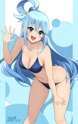 1girl aqua_(konosuba) bare_shoulders bikini blue_bikini blue_eyes blue_hair blush breasts cleavage collarbone hair_ornament highres jampen kono_subarashii_sekai_ni_shukufuku_wo! large_breasts long_hair looking_at_viewer navel open_mouth single_hair_ring smile solo swimsuit thighs