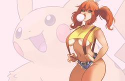 Rule 34 | 1girl, absurdres, areola slip, black eyes, breasts, cosplay, creatures (company), curvy, denim, denim shorts, game freak, gen 1 pokemon, highres, large breasts, lips, long hair, looking at viewer, misty (pokemon), misty (pokemon) (cosplay), nintendo, orange hair, pedro perez, pikachu, pokemon, pokemon (anime), pokemon (classic anime), short shorts, shorts, side ponytail, source request, trizia (character), trizia (pedro perez), underboob, wide hips