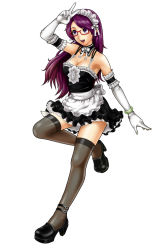 Rule 34 | 1girl, alternate costume, asamiya athena, bare shoulders, bespectacled, bracelet, breasts, choker, cleavage, elbow gloves, enmaided, frills, glasses, gloves, jewelry, large breasts, legs, maid, maid headdress, miniskirt, purple eyes, purple hair, skirt, snk, solo, the king of fighters, thighhighs, v, yan fei toketsu, zettai ryouiki