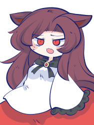 Rule 34 | 1girl, animal ears, blush, brooch, brown hair, chahan (fried rice0614), chibi, cowboy shot, crying, dress, fang, frilled sleeves, frills, highres, imaizumi kagerou, jewelry, long hair, long sleeves, open mouth, red eyes, red skirt, shirt, simple background, skirt, solo, tail, touhou, white background, white dress, white shirt, wolf ears, wolf girl, wolf tail