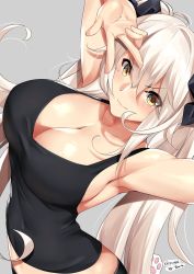 Rule 34 | 1girl, arched back, armpits, bad id, bad twitter id, black ribbon, black tank top, blush, breasts, cleavage, collarbone, commentary, english commentary, hair between eyes, highres, large breasts, long hair, midriff, original, pants, ribbon, smile, solo, tank top, tony guisado, twintails, w, white hair, yellow eyes