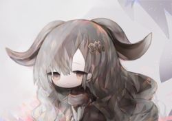 Rule 34 | 1girl, bad id, bad pixiv id, black dress, black hair, breasts, brown eyes, character request, closed mouth, commentary request, cottontailtokki, curled horns, dress, eyebrows hidden by hair, hair between eyes, hair ornament, horns, long hair, looking away, medium breasts, shadowverse, shingeki no bahamut, solo, very long hair