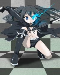 Rule 34 | 10s, 1girl, black hair, black rock shooter, black rock shooter (character), blue eyes, boots, kneeling, mukaibi aoi, navel, on one knee, solo, twintails