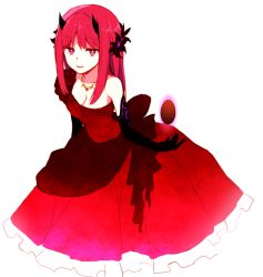 Rule 34 | 1girl, 7100potechi, alternate hair length, alternate hairstyle, bare shoulders, black gloves, breasts, cleavage, dress, elbow gloves, gloves, hair ornament, horns, jewelry, long hair, looking at viewer, mira (world trigger), necklace, portrait, purple eyes, red dress, red hair, sidelocks, simple background, sleeveless, sleeveless dress, smile, solo, straight hair, white background, world trigger