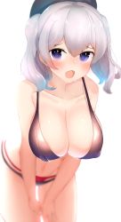 Rule 34 | 10s, 1girl, bad id, bad pixiv id, beret, bikini, black bikini, blue eyes, blush, boruhis, breasts, cleavage, collarbone, covered erect nipples, hat, kantai collection, kashima (kancolle), large breasts, leaning forward, long hair, looking at viewer, open mouth, silver hair, simple background, solo, swimsuit, twintails, wavy hair, white background