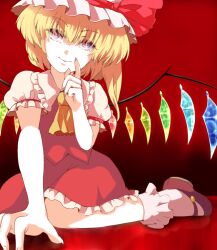 Rule 34 | 1girl, ascot, blonde hair, bobby socks, closed mouth, collared shirt, crystal, fingernails, flandre scarlet, foot out of frame, foreshortening, frilled shirt collar, frilled skirt, frilled sleeves, frills, hair between eyes, hat, hat ribbon, head tilt, index finger raised, kotato, looking at viewer, mary janes, medium hair, mob cap, multicolored wings, one side up, puffy short sleeves, puffy sleeves, red background, red eyes, red footwear, red ribbon, red skirt, red vest, ribbon, sharp fingernails, shirt, shoes, short sleeves, simple background, skirt, sleeve ribbon, socks, solo, touhou, vest, white hat, white shirt, white socks, wings, yellow ascot
