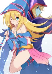 Rule 34 | 1boy, 1girl, back-to-back, bare shoulders, blonde hair, blue footwear, blush stickers, boots, breasts, commentary request, dark magician, dark magician girl, duel monster, green eyes, hat, holding, holding staff, index finger raised, knee boots, legs up, long hair, looking at viewer, looking back, medium breasts, nemu mohu, one eye closed, simple background, smile, staff, white background, wizard hat, yu-gi-oh!