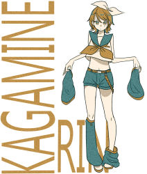 Rule 34 | 156 hitogoro, 1girl, :/, asymmetrical legwear, bare shoulders, belt, blonde hair, blouse, bow, character name, detached sleeves, full body, hair bow, headset, highres, holding, holding clothes, kagamine rin, leg warmers, looking at viewer, loose leg warmer, midriff, military, military uniform, muted color, naval uniform, pigeon-toed, sailor collar, shirt, short hair, short shorts, shorts, siblings, sleeveless, sleeveless shirt, unworn sleeves, solo, swept bangs, twins, uniform, vocaloid, white bow, white shirt, yellow eyes