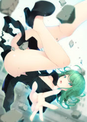 Rule 34 | 1girl, :o, ahoge, ass, black dress, black footwear, blurry, blurry background, breasts, collarbone, commentary request, convenient censoring, curly hair, dress, floating, green eyes, green hair, high heels, highres, looking at viewer, no panties, one-punch man, outstretched arm, rubble, shokuyou mogura, small breasts, solo, tatsumaki, upside-down