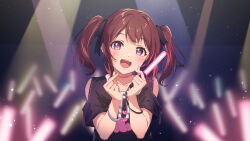 Rule 34 | 1girl, absurdres, bang dream!, blush, bracelet, character request, check character, clothing cutout, double finger heart, finger heart, glowstick, hair ribbon, heart, heart in eye, highres, jewelry, light particles, negoma54, open mouth, purple eyes, ribbon, shoulder cutout, smile, solo, stage lights, symbol in eye, toyama kasumi, twintails