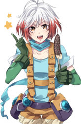 Rule 34 | 1girl, :d, antenna hair, banana, blue shirt, chocolate banana, collarbone, cowboy shot, food, fruit, gloves, green gloves, holding, index finger raised, kirimi maguro, looking at viewer, multicolored hair, open mouth, orange eyes, orange shorts, pascal (tales), pouch, red hair, shirt, short hair, short sleeves, shorts, simple background, smile, solo, star (symbol), suspender shorts, suspenders, tales of (series), tales of graces, teeth, two-tone hair, white background, white hair