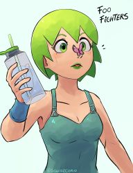 Rule 34 | 1girl, absurdres, bottle, bracer, bug, butterfly, butterfly on nose, collarbone, cross-eyed, english text, foo fighters (jojo), green eyes, green hair, green lips, highres, holding, holding bottle, insect, jojo no kimyou na bouken, lipstick, makeup, overalls, short hair, signature, solo, squid2corn, stone ocean, tongue, water bottle