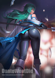 Rule 34 | 1girl, adapted costume, aqua eyes, aqua hair, ass, black legwear, blouse, dantewontdie, detached sleeves, from behind, gloves, hair between eyes, huge ass, kochiya sanae, long hair, night, ofuda, shiny clothes, shirt, sky, solo, sparkle, standing, star (sky), starry sky, thick thighs, thighs, touhou, white shirt, wide hips, wide sleeves