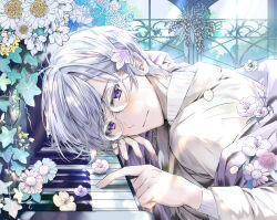 Rule 34 | 1boy, blue flower, blush, camellia, dahlia, day, epiphyllum, flower, flower request, from side, glasses, grey-framed eyewear, grey hair, hair behind ear, hair between eyes, hair flower, hair ornament, head down, head rest, highres, hydrangea, idolish7, indoors, instrument, ivy, jacket, lily of the valley, long sleeves, looking at viewer, looking to the side, male focus, ooluoul, osaka sougo, petals, piano, pink flower, plant, purple eyes, purple flower, purple shawl, rose, shawl, short hair, smile, solo, sweater, tree, tulip, turtleneck, turtleneck sweater, upper body, vines, white jacket, white sweater, window, yellow flower
