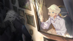 Rule 34 | 1boy, ascot, blue eyes, bow, brothers, chair, copyright name, drawing (object), hair bow, hand on own face, highres, identity v, indoors, joseph desaulniers, long sleeves, multiple views, ponytail, siblings, smile, split theme, upper body, white hair, yellow bow, zizero