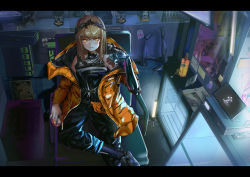 Rule 34 | 1girl, absurdres, alcohol, blonde hair, bottle, chair, computer, crate, crossed legs, cyberpunk, figure, glass, harness, head-mounted display, headband, helmet, highres, jacket, lamp, leather, letterboxed, magazine (object), mechanical arms, minifridge, monitor, off shoulder, office chair, orange eyes, original, panamuru, photo (object), poster (object), prosthesis, qr code, refrigerator, serious, shoes, single mechanical arm, sitting, sneakers, swivel chair, television, tsurime, whiskey, window, zipper
