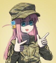Rule 34 | 1girl, blue eyes, bocchi the rock!, camouflage, camouflage headwear, camouflage jacket, cube hair ornament, digital camouflage, finger gun, gotoh hitori, gradient background, hair ornament, hands up, hat, highres, jacket, long hair, military, military hat, military uniform, myjet, nervous, one side up, open mouth, pink hair, soldier, solo, sweat, uniform