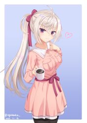 Rule 34 | 1girl, 2023, :3, absurdres, ahoge, akizuki kanna, ayabanka, blue background, blush, border, bow, breasts, cafe stella to shinigami no chou, casual, closed mouth, coffee, coffee mug, collar, commentary, cowboy shot, crossed bangs, cup, dated, eyelashes, eyes visible through hair, hair between eyes, hair bow, hair ribbon, heart, highres, holding, holding cup, large breasts, long hair, long sleeves, looking at viewer, mug, pink shirt, pink skirt, ponytail, purple eyes, red bow, red ribbon, ribbon, shirt, simple background, skirt, smile, solo, standing, steam, straight hair, twitter username, very long hair, white background, white border, white collar, white hair, wing collar