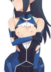 Rule 34 | 1girl, alice gear aegis, blue hair, blush, bodysuit, breast focus, breasts, female focus, gloves, head out of frame, highres, holding own arm, koashi mutsumi, long hair, morisobo, nipples, simple background, small breasts, solo, standing, torn bodysuit, torn clothes, white background