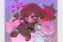 Rule 34 | 1girl, animal ears, black jacket, black pants, brown eyes, brown hair, closed mouth, holding, holding knife, huyj cl, jacket, knife, limbus company, long sleeves, outis (project moon), pants, project moon, rabbit ears, rabbit tail, sitting, sitting on food, solo, tail