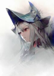 Rule 34 | 1girl, arknights, blue hat, closed mouth, grey background, grey hair, hat, highres, long hair, portrait, red eyes, simple background, skadi (arknights), skadi the corrupting heart (arknights), solo, yyb