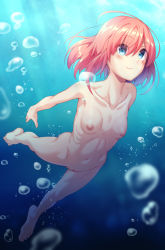 Rule 34 | 1girl, abs, air bubble, barefoot, blue eyes, blush, breasts, bubble, cleft of venus, completely nude, dosu (doseven), freediving, highres, light rays, navel, nipples, nude, ocean, original, pink hair, ribs, small breasts, smile, swimming, underwater, zenra