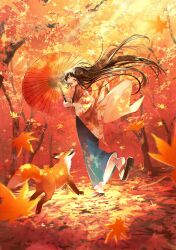 Rule 34 | 1girl, ^ ^, absurdres, animal, autumn, autumn leaves, blue kimono, blurry, brown hair, closed eyes, day, depth of field, falling leaves, floating clothes, floating hair, fox, from behind, haori, highres, holding, holding umbrella, jacket, japanese clothes, kimono, leaf, leaf print, long hair, maple leaf, maple leaf print, nature, oil-paper umbrella, open mouth, original, outdoors, playing, print jacket, red theme, sandals, socks, sunlight, tabi, toumin (onemunemu99), umbrella, very long hair, walking, white socks, wide shot, wind, zouri