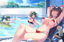 Rule 34 | 3girls, absurdres, animal ears, animal hands, armpits, arms up, bikini, black hair, blue sky, breasts, cat ears, cat girl, cat tail, chair, cleavage, closed eyes, closed mouth, cloud, commentary request, cup, day, drinking glass, drinking straw, facing another, final fantasy, final fantasy xiv, food, fruit, furry, furry female, gendo0032, green eyes, green hair, green innertube, highres, ice, ice cube, juice, large breasts, long hair, looking at another, looking up, lounge chair, multiple girls, navel, orange (fruit), orange juice, orange slice, outdoors, partially submerged, pool, poolside, red bikini, second-party source, sky, smile, sollyz (sollyz), splashing, swimsuit, table, tail, untied bikini top, warrior of light (ff14), water
