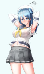 Rule 34 | 1girl, aqua background, arms behind head, blue eyes, blue hair, cowboy shot, dated, double bun, elbow gloves, gloves, hair bun, hat, highres, kantai collection, maru (marg0613), neckerchief, one-hour drawing challenge, pleated skirt, sailor hat, school uniform, serafuku, skirt, sleeves rolled up, solo, standing, twitter username, urakaze (kancolle), white gloves, white hat, white legwear, yellow neckerchief
