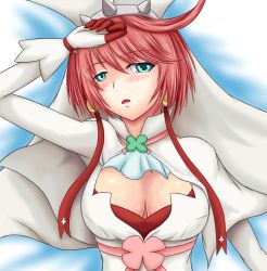 Rule 34 | 1girl, blue eyes, blush, bracelet, breasts, cleavage, cleavage cutout, clothing cutout, clover, earrings, elphelt, elphelt valentine, four-leaf clover, gloves, guilty gear, guilty gear xrd, hat, jewelry, large breasts, pink hair, pura-tabu, short hair, solo, spiked bracelet, spikes
