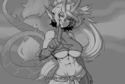 Rule 34 | 1girl, abs, black sclera, breasts, clothes around waist, collarbone, colored sclera, commentary, cowboy shot, crop top, dragon girl, dragon horns, dragon tail, english commentary, english text, fingernails, greyscale, hand gesture, head tilt, hokuto no ken, horns, jacket, jacket around waist, long fingernails, long hair, looking at viewer, midriff, monochrome, multiple tails, muscular, muscular female, navel, no bra, o-ring, o-ring top, original, parody, pointy ears, ponytail, sandcasks, sharp fingernails, short eyebrows, skin tight, sleeveless, sleeveless turtleneck, solo, standing, subtitled, tail, thick eyebrows, turtleneck, two tails, underboob, very long hair, you are already dead